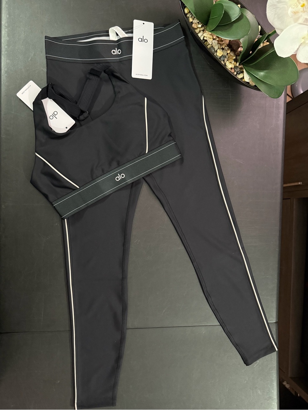 Black Leggings and Sports Bra Set with White Piping